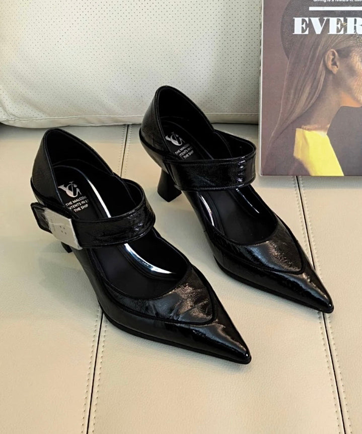 High Grey Leather Toe Cowhide Stylish Splicing Heels Pointed Blue