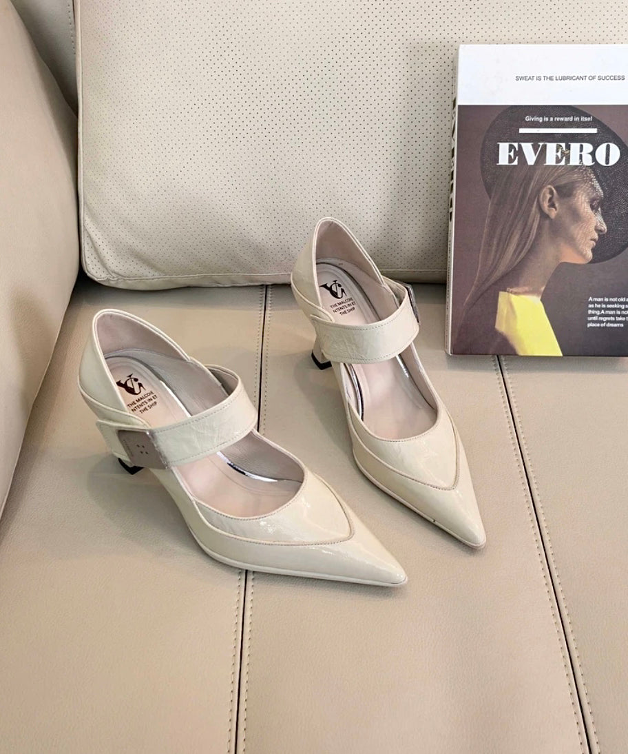 High Grey Leather Toe Cowhide Stylish Splicing Heels Pointed Blue