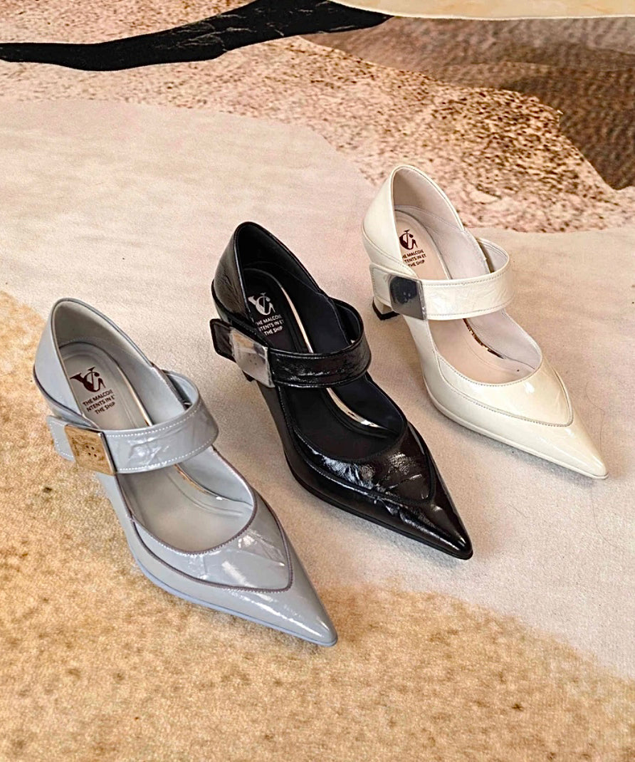 High Grey Leather Toe Cowhide Stylish Splicing Heels Pointed Blue