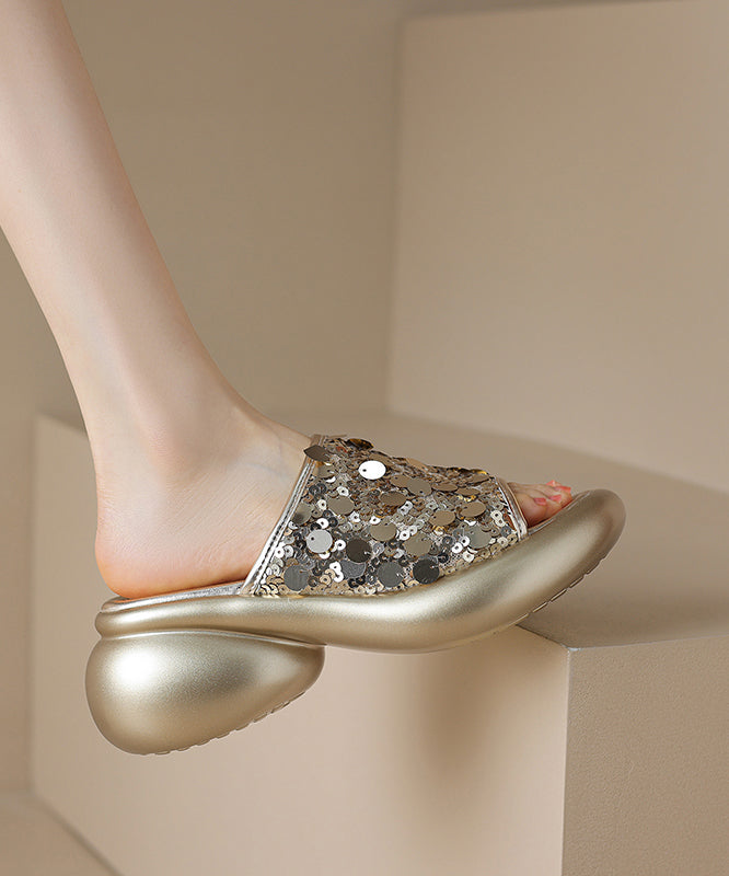 Gold Slide Platform Toe Sandals Peep Sequins Stylish Splicing