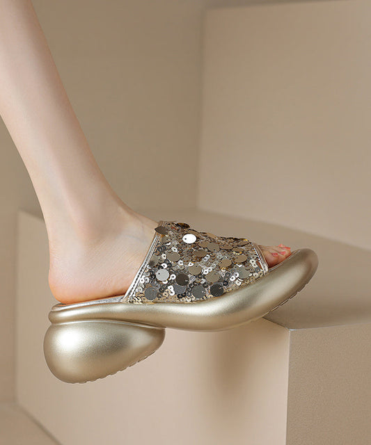Gold Slide Platform Toe Sandals Peep Sequins Stylish Splicing