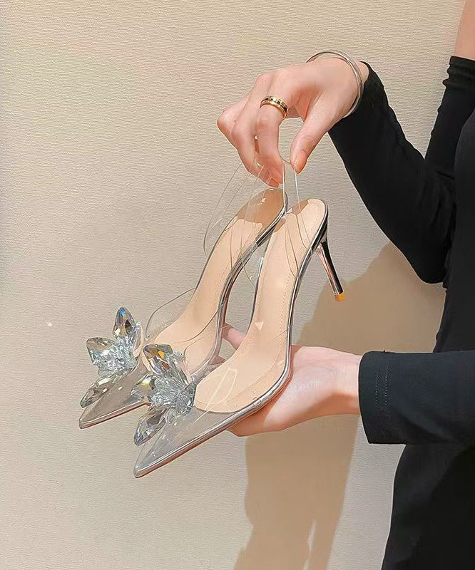 Pointed Stiletto Sandals Crystal Splicing Stylish Toe Silver