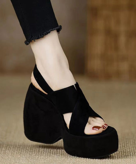 Toe Sandals Peep Splicing Wedge Stylish Black Heels Suede