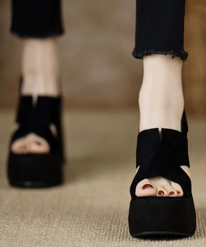 Toe Sandals Peep Splicing Wedge Stylish Black Heels Suede