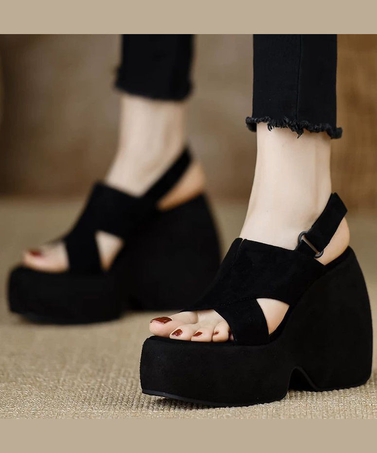 Toe Sandals Peep Splicing Wedge Stylish Black Heels Suede