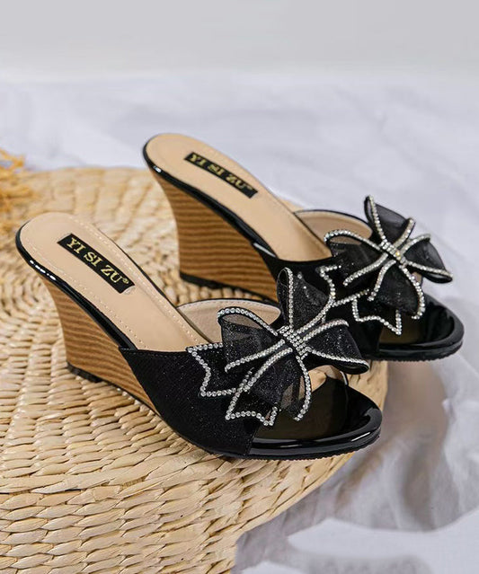 Black Splicing Toe Stylish Sandals Wedge Bow Heels Peep Slide