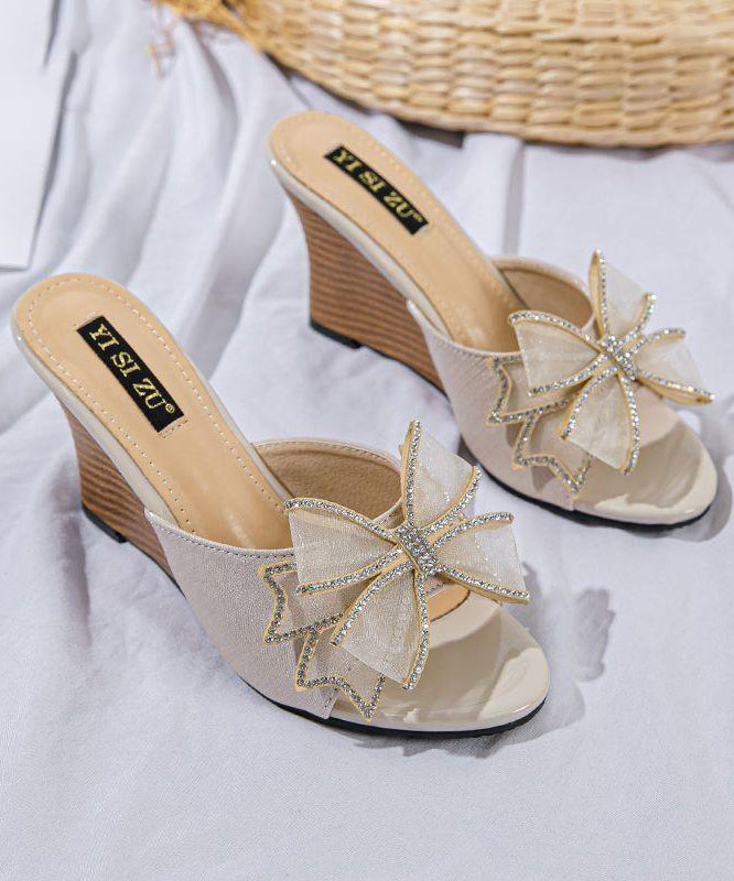 Black Splicing Toe Stylish Sandals Wedge Bow Heels Peep Slide