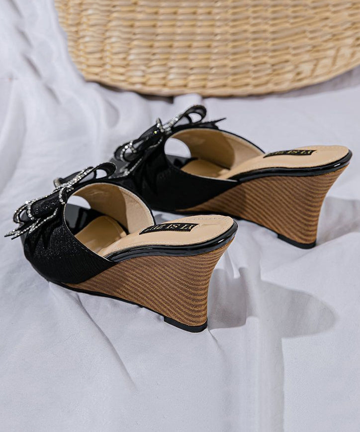 Black Splicing Toe Stylish Sandals Wedge Bow Heels Peep Slide