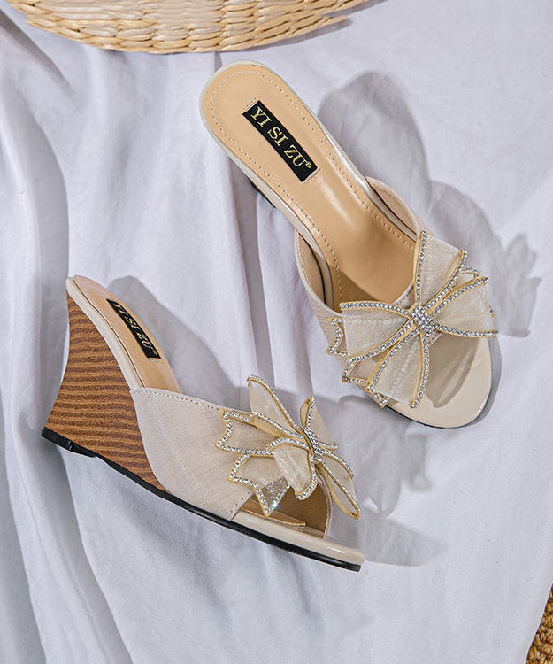 Black Splicing Toe Stylish Sandals Wedge Bow Heels Peep Slide