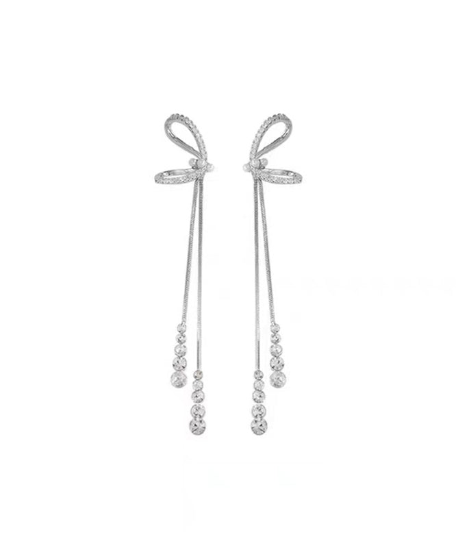 Stylish Sterling Silver Bow Tassel Drop Earrings QQ013