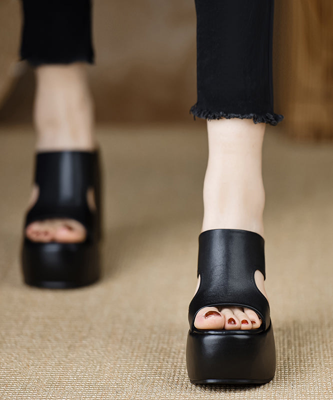 Leather Slide Stylish Heels Wedge Black Cowhide Sandals