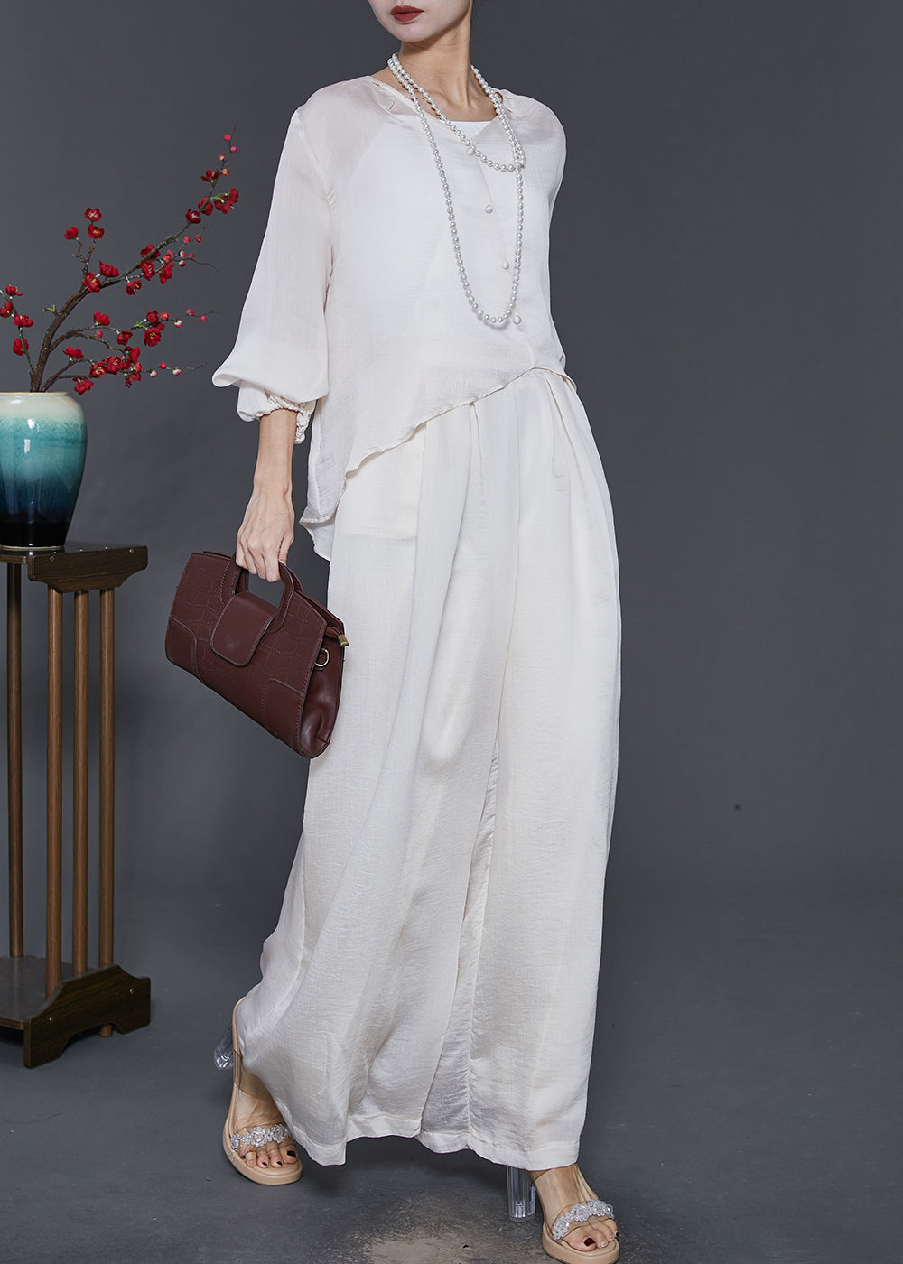 Stylish White Asymmetrical Draping Silk Two Piece Suit Set Spring SD1090