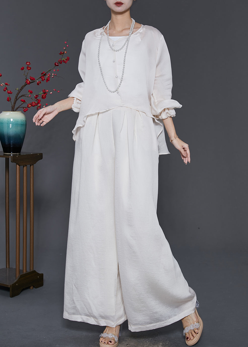 Stylish White Asymmetrical Draping Silk Two Piece Suit Set Spring SD1090