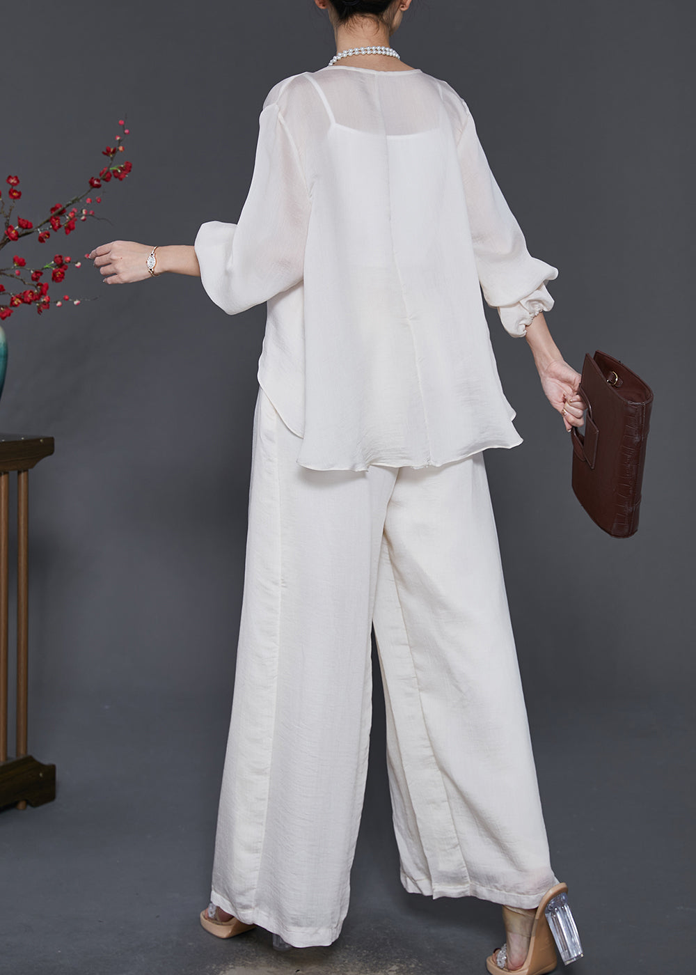 Stylish White Asymmetrical Draping Silk Two Piece Suit Set Spring SD1090