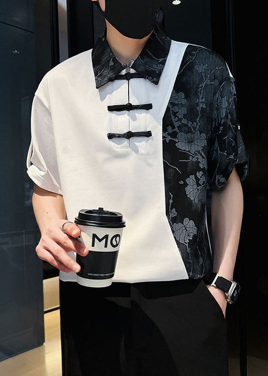 Print White Mens Cotton Patchwork Asymmetrical Stylish Polo