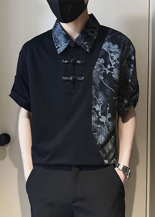 Print White Mens Cotton Patchwork Asymmetrical Stylish Polo