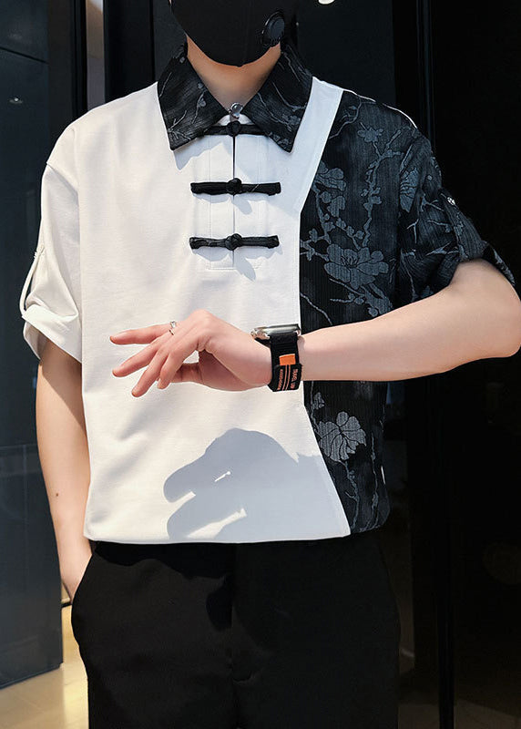 Print White Mens Cotton Patchwork Asymmetrical Stylish Polo