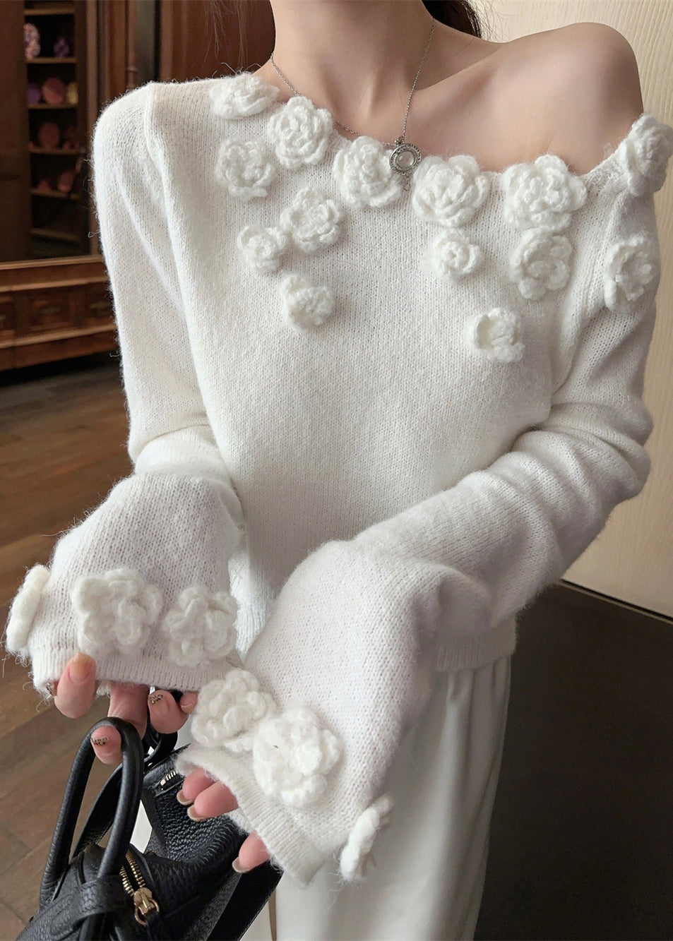 Stylish White Cold Shoulder Solid Knit Sweater Winter WK036