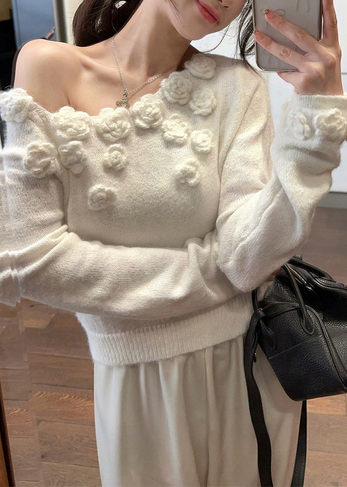 Stylish White Cold Shoulder Solid Knit Sweater Winter WK036