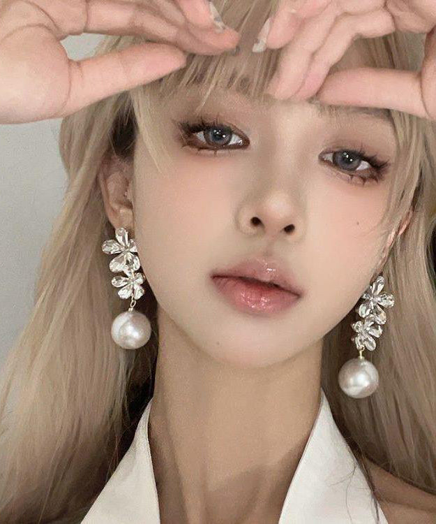 Earrings Pearl White Stylish Floral Zircon Overgild Drop Copper