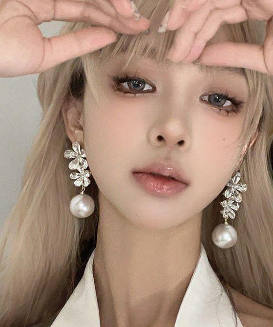 Earrings Pearl White Stylish Floral Zircon Overgild Drop Copper