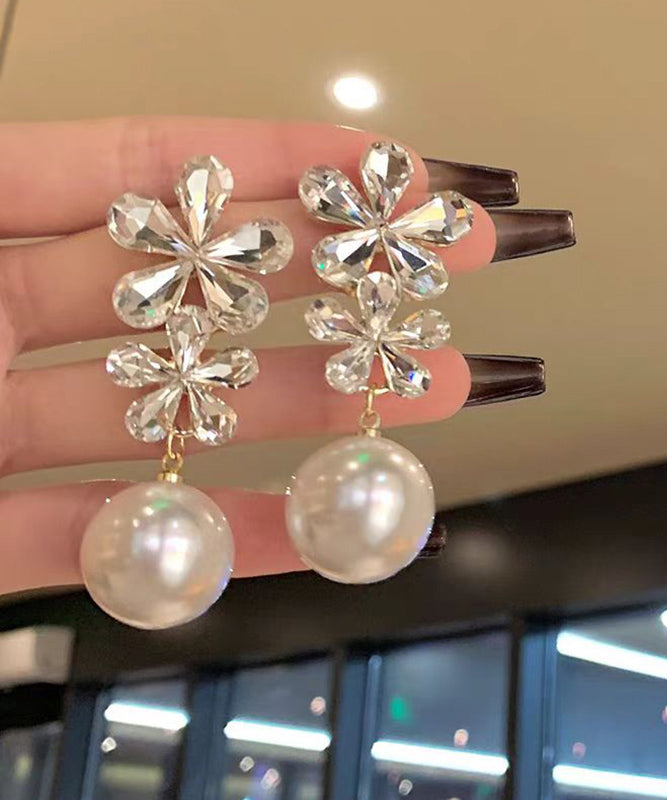 Earrings Pearl White Stylish Floral Zircon Overgild Drop Copper