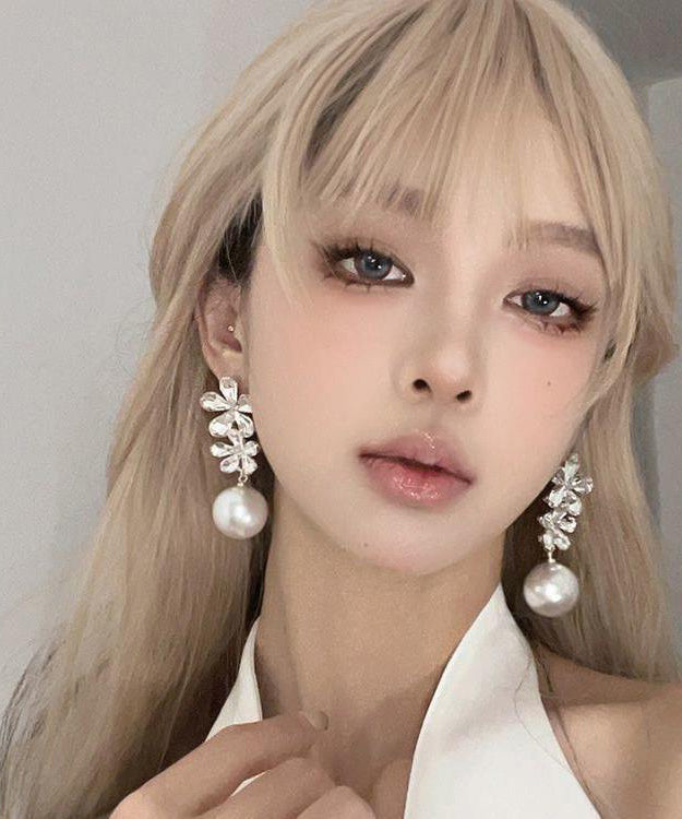 Earrings Pearl White Stylish Floral Zircon Overgild Drop Copper