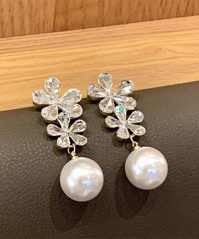 Earrings Pearl White Stylish Floral Zircon Overgild Drop Copper