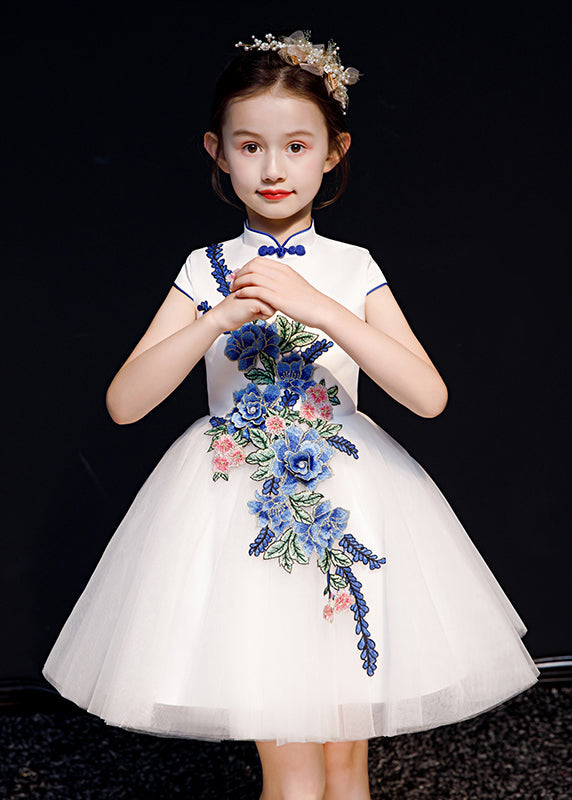 White Embroideried Summer Long Button Girls Dress Stylish Tulle