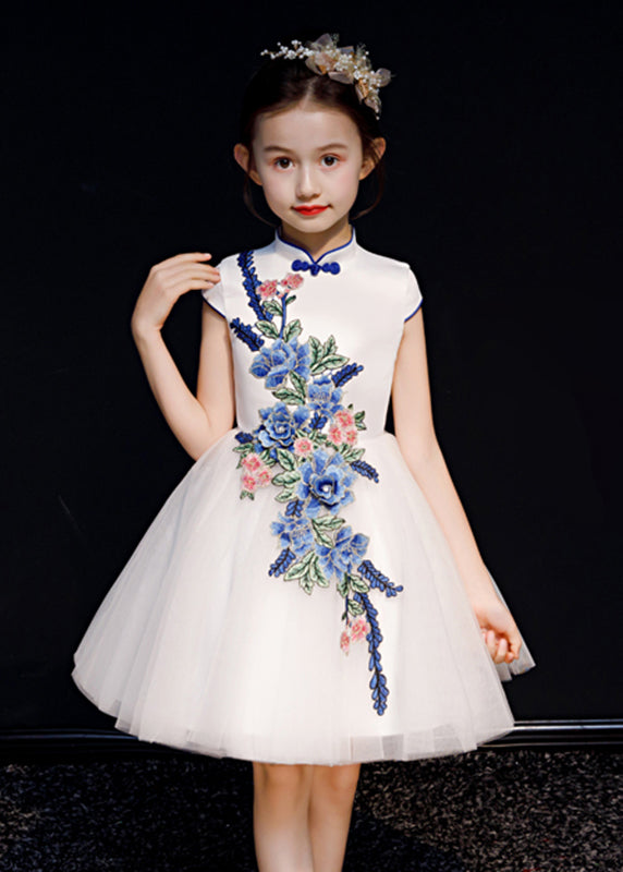 White Embroideried Summer Long Button Girls Dress Stylish Tulle