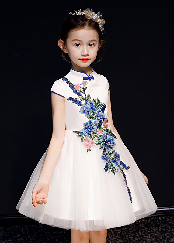 White Embroideried Summer Long Button Girls Dress Stylish Tulle