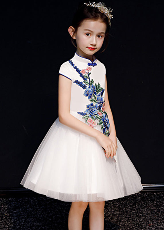 White Embroideried Summer Long Button Girls Dress Stylish Tulle