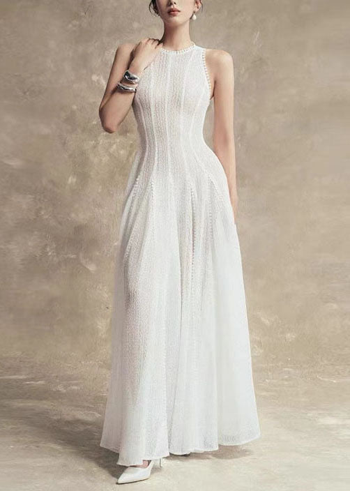 Out White Solid Hollow Lace Sleeveless Stylish Dress Party