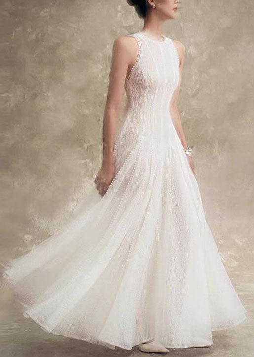 Out White Solid Hollow Lace Sleeveless Stylish Dress Party