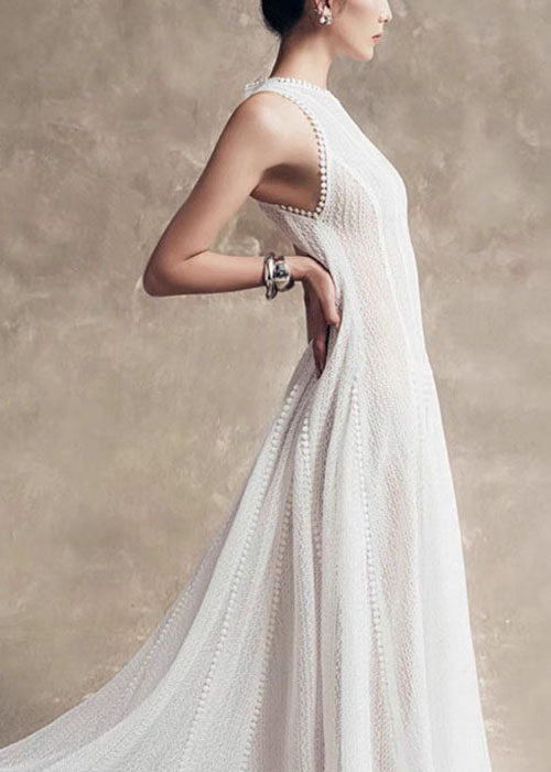 Out White Solid Hollow Lace Sleeveless Stylish Dress Party