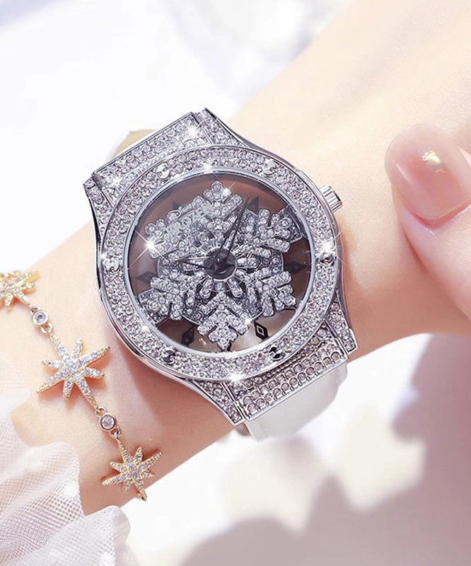 Leather Quartz Movement White Watches Stylish Zircon Waterproof