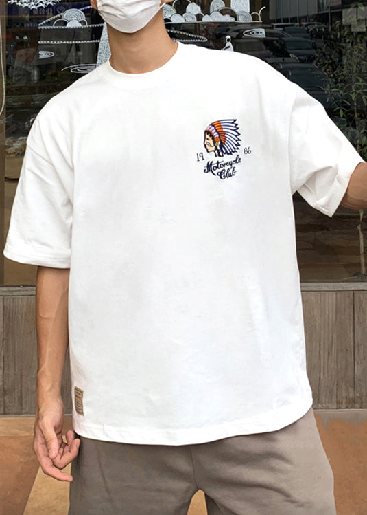 O-Neck Cotton Summer Men White T Stylish Embroideried Shirt