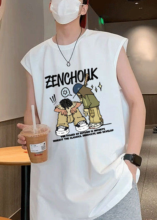 Stylish T Summer Men Shirt White Cotton O-Neck Print