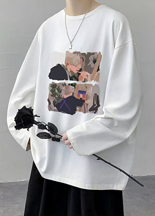 White Stylish Mens Spring Cotton O T Shirts Neck Print