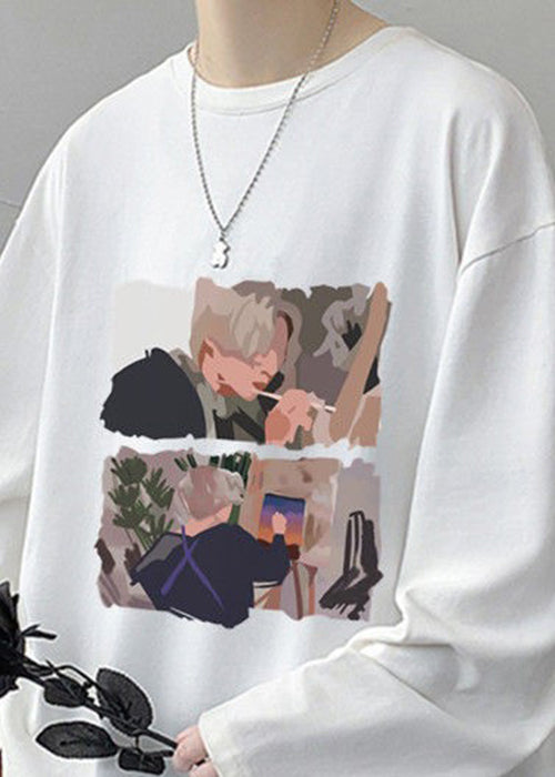 White Stylish Mens Spring Cotton O T Shirts Neck Print