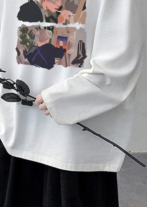 White Stylish Mens Spring Cotton O T Shirts Neck Print