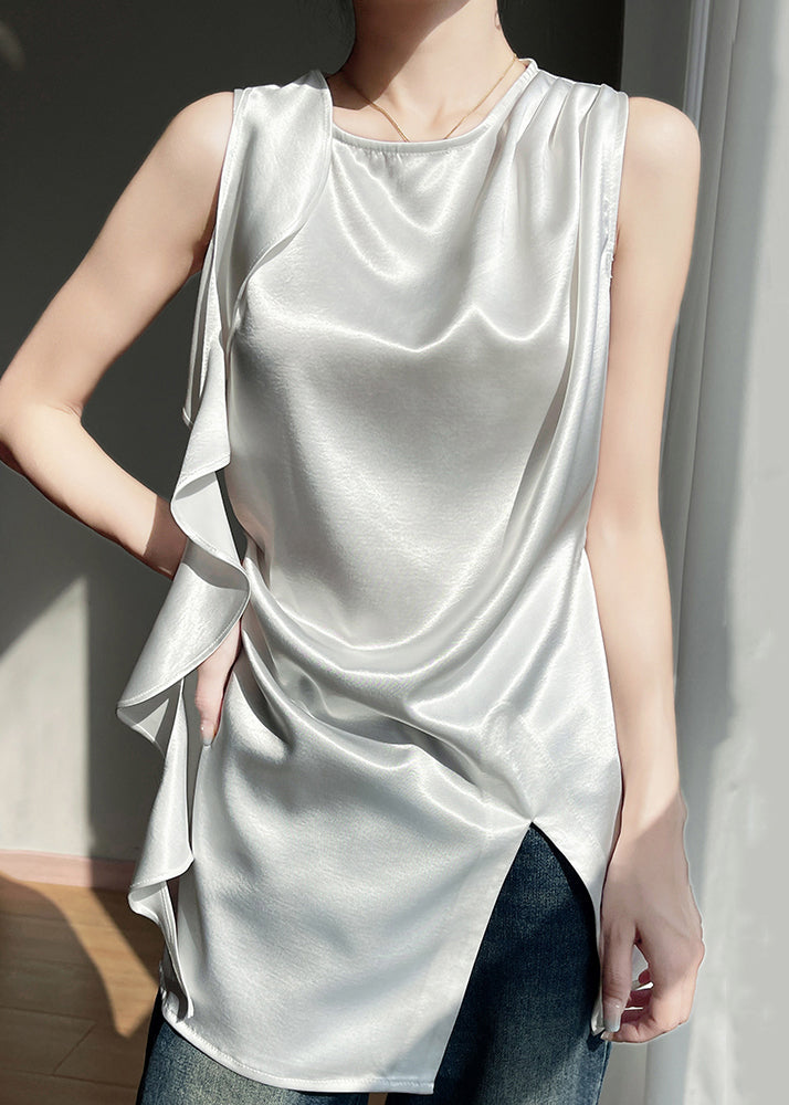 Side Silk Stylish O White Sleeveless Open Neck Tank
