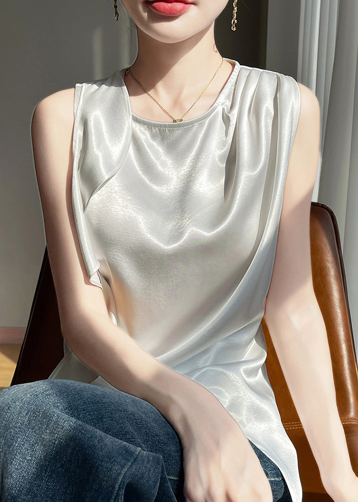 Side Silk Stylish O White Sleeveless Open Neck Tank
