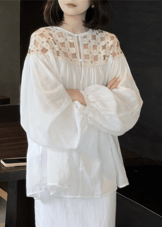 Shirts Cotto Stylish White Hollow O-Neck Silk Wrinkled Fall Out
