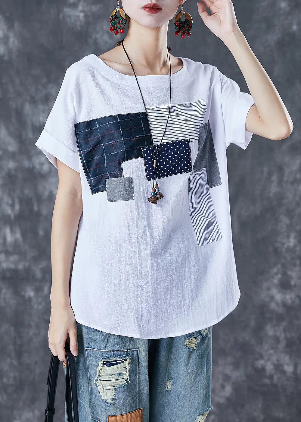 Stylish White Oversized Patchwork Applique Cotton Tanks Summer Ada Fashion