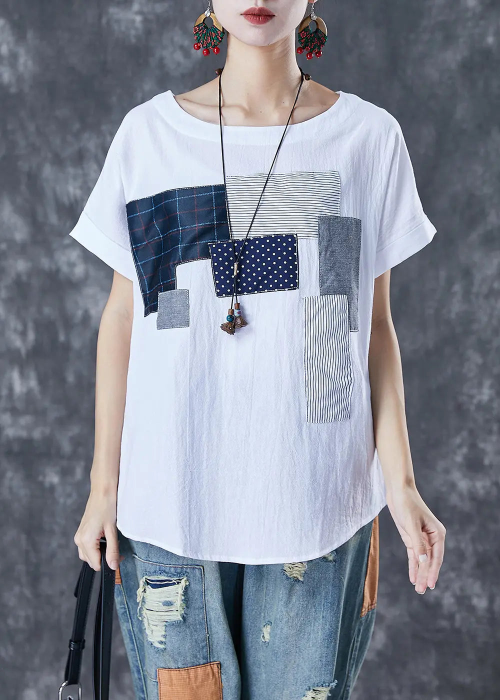 Stylish White Oversized Patchwork Applique Cotton Tanks Summer Ada Fashion