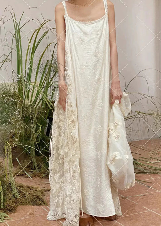 White Patchwork Lace Stylish Spaghetti Dress Strap Oversized