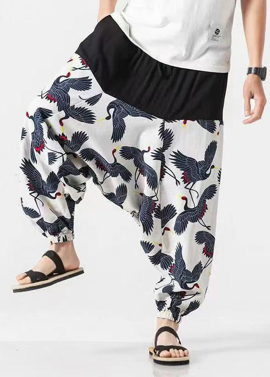 Stylish White Pockets Print Cotton Men Lantern Pants Summer SA057