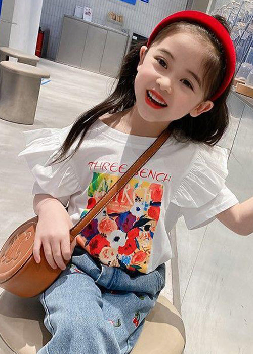 Stylish White Ruffled Print Cotton Girls T Shirt Summer YU1053