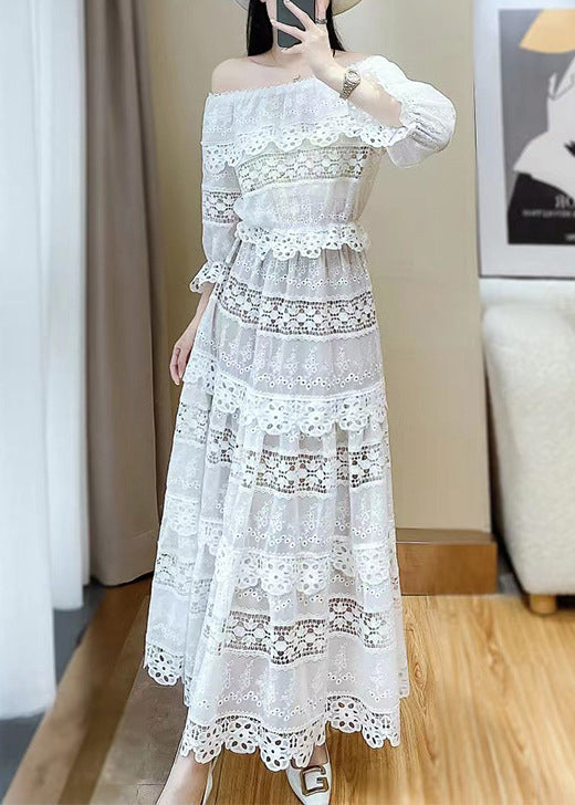 Neck Out Lace Set Pieces Two Slash Butterfly Hollow Stylish White